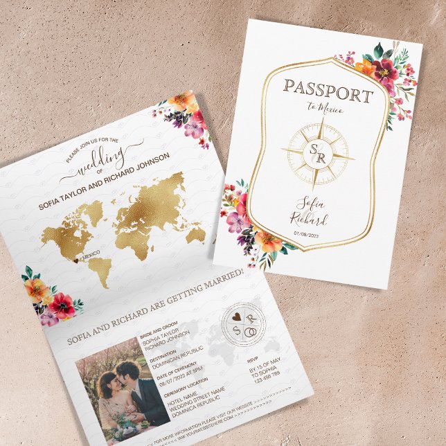 Convite Passaporte de Casamento de Destino Floral de Verão (floral passport invitation)