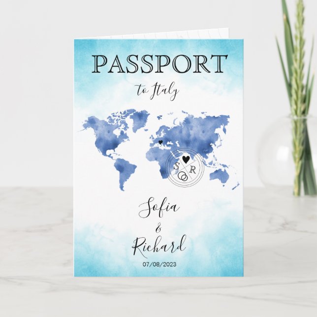 Convite Passaporte de Destino de Casamento Blue World Map  (Frente)
