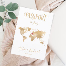 Convite Passaporte de Destino de Casamento Dourado com Map