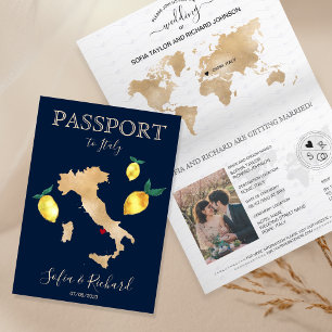 Convite Passaporte de Destino de Casamento Dourado na Ilha