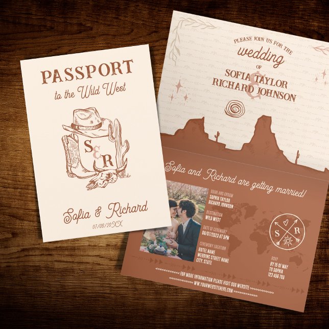 Convite Passaporte de Destino de Casamento Rustic Boho Wes (Criador carregado)