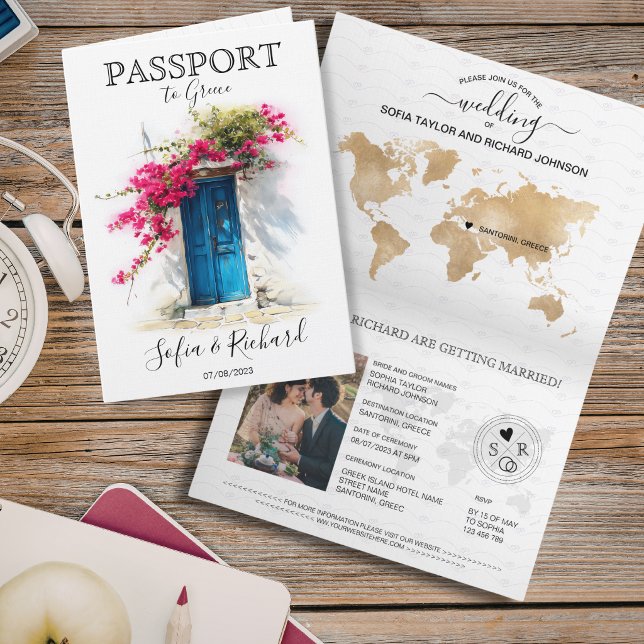 Convite Passaporte de Destino de Casamento Santorini Gréci (Wedding Destination Passport Santorini Greece Invitation)