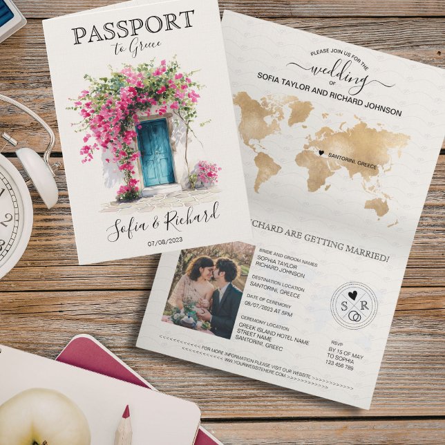 Convite Passaporte de Destino de Casamento Santorini Gréci (Wedding Destination Passport Santorini Greece Invitation)