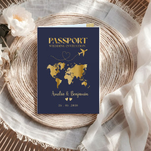 Convite Passaporte de Viagem Coração de Ouro para Casament
