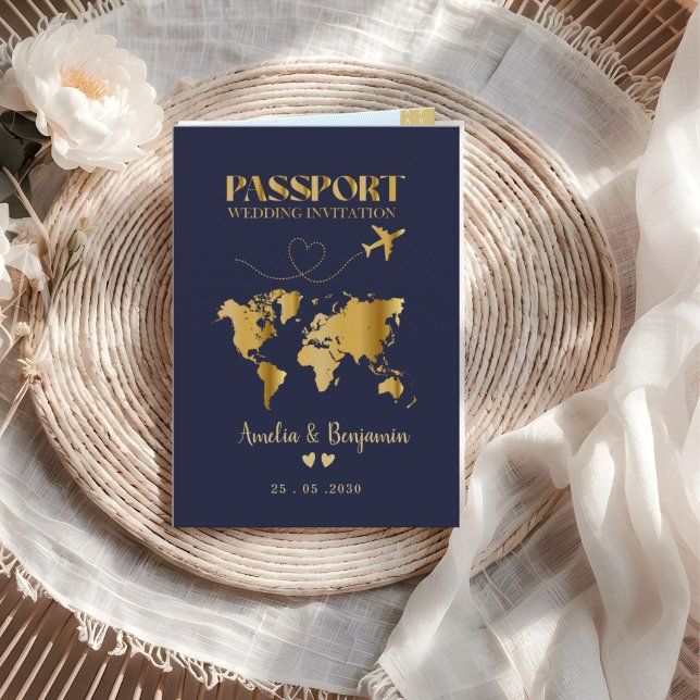 Convite Passaporte de Viagem Coração de Ouro para Casament (Criador carregado)