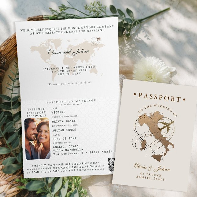 Convite Passaporte Falso Dourado Bege Itália Casamento Des (passport wedding invitation card destination getaway beige ecru faux gold map italy amalfi monograms)