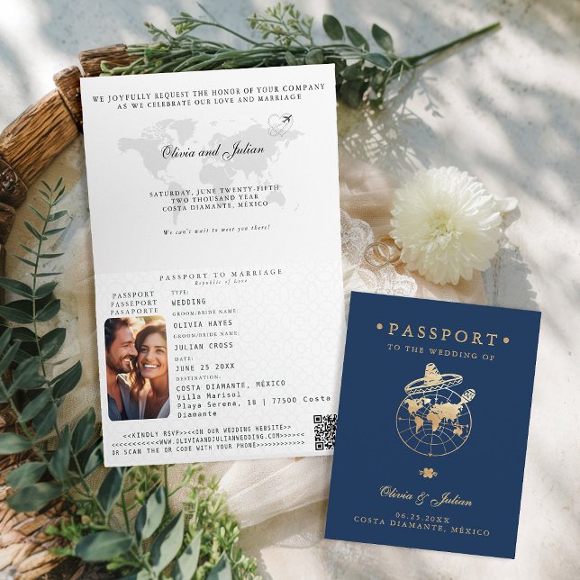 Convite Passaporte Falso Ouro Marinho Casamento no Destino (passport wedding invitation card destination getaway navy faux gold mexico sombrero monograms folded)