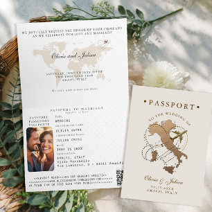 Convite Passaporte Faux Dourado Beige Itália Casamento de 
