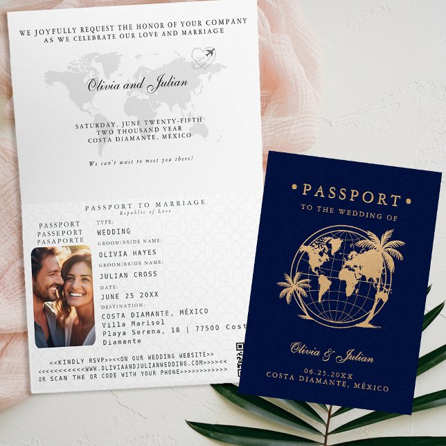 Convite Passaporte Globo Palma Casamento Tropical no Desti (passport wedding invitation card destination getaway tropical beach palm navy faux gold monograms)