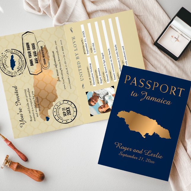 Convite Passaporte para Casamento Azul Dourado Falso na Ja (Criador carregado)