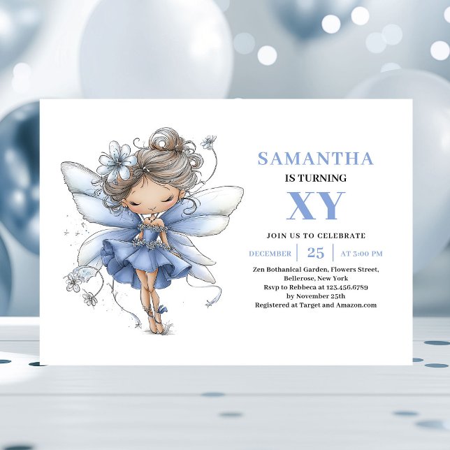 Convite Pastel de 3 Anos da Fada Azul Caprichosa (Whimsy Blue Fairy Girl 3rd Birthday Pastel invitation)
