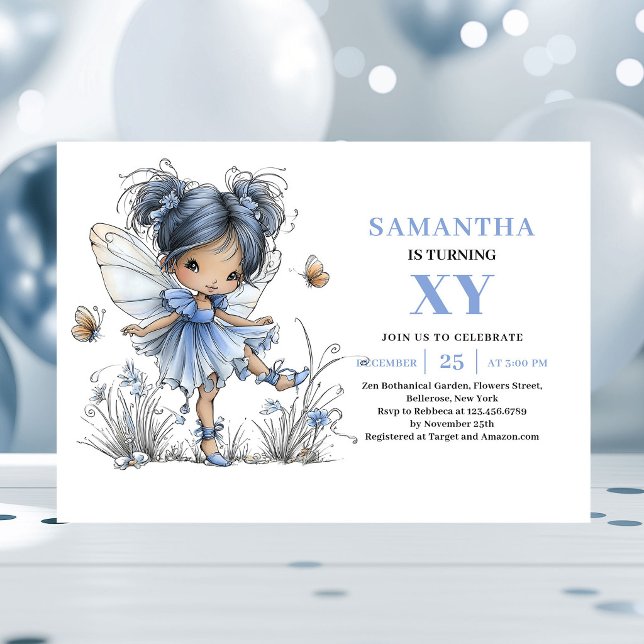 Convite Pastel de Aniversário de 4 anos da Fada Az (Whimsy Blue Fairy Girl 4th Birthday Pastel invitation)