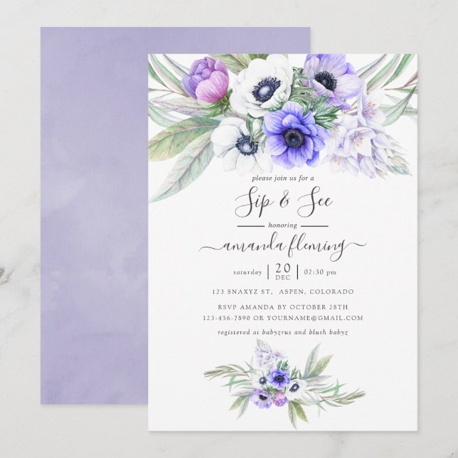 Convite Pastel Violeta Floral Sip and See (Frente/Verso)