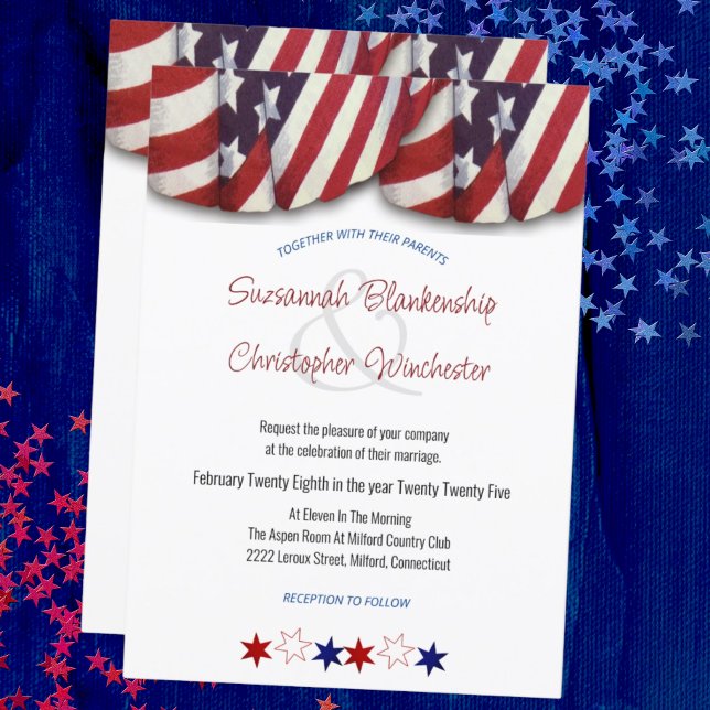 Convite Patriótico Vermelho Branco Azul com Estrel (front and back patriotic bunting wedding invitation)