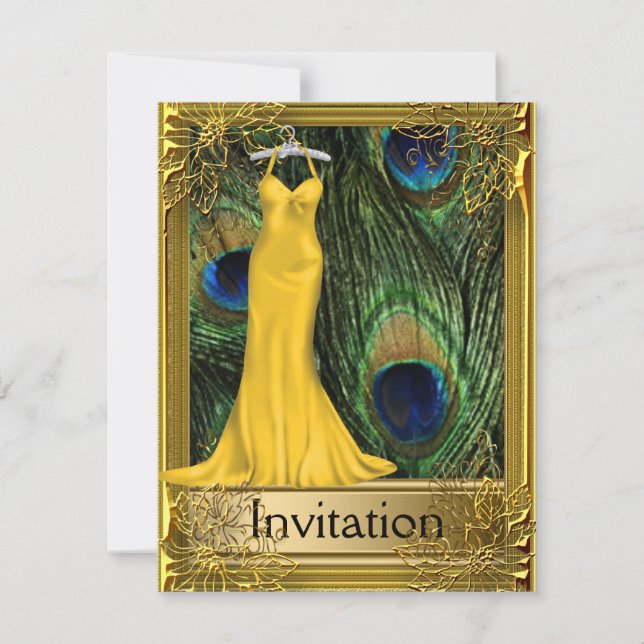 Convite Pavão e Dourado Para Qualquer Festa (Frente)