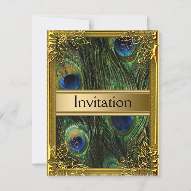 Convite Pavão e Dourado Qualquer Festa (Frente)