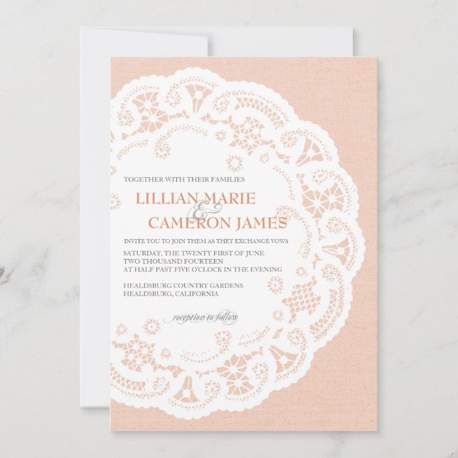 Convite Peach Lace Doily Casamento (Frente)