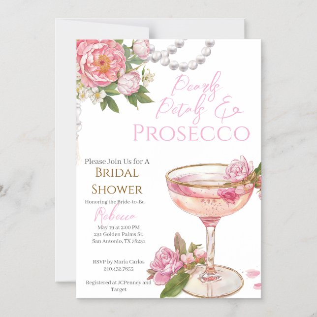 Convite Pearls, Petals & Prosecco Bridal Shower Invitation (Frente)