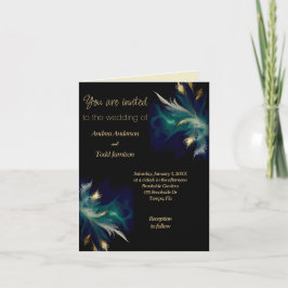 Convite pena de ouro preto azul-lacrimejante dobrada