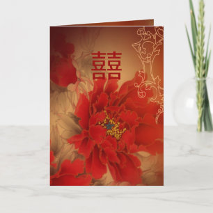 Convite Peônia Vermelha Dupla Felicidade casamento chinês