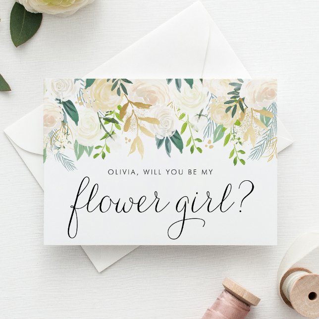 Convite Peônias de água pálidas Você Será Minha Menina De  (Will you be my flower girl? Floral Flower Girl Proposal Card featuring watercolor ivory flowers.)