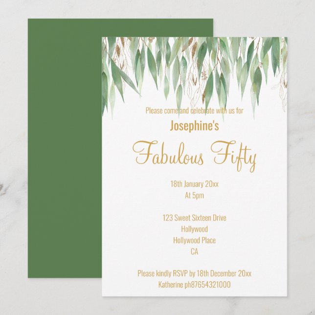 CONVITE PERSONALIZADO BRANCO DOURADO EUCALYPTUS EL (Frente/Verso)