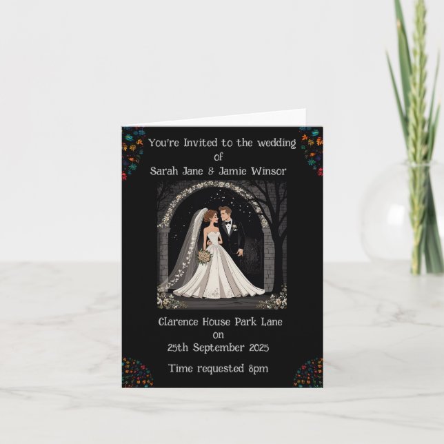Convite Personalizado Casamento Cartoon em Preto (Frente)