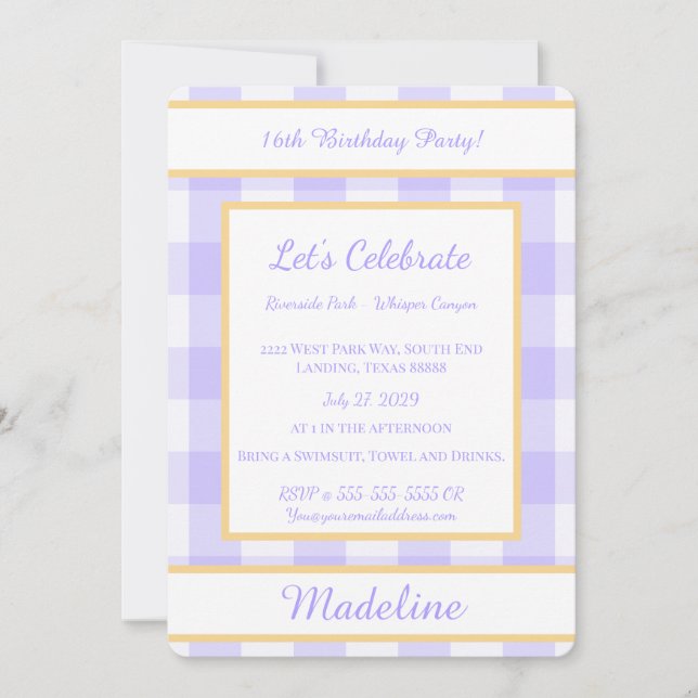Convite Personalizado de Aniversário Xadrez Roxo (Frente)
