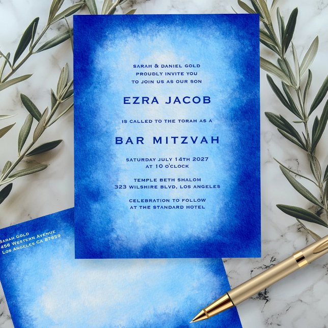 Convite Personalizado de Bar Mitzvah em Aquarela A (Blue Watercolor Custom Bar Bat Mitzvah Invitation Postcard
)