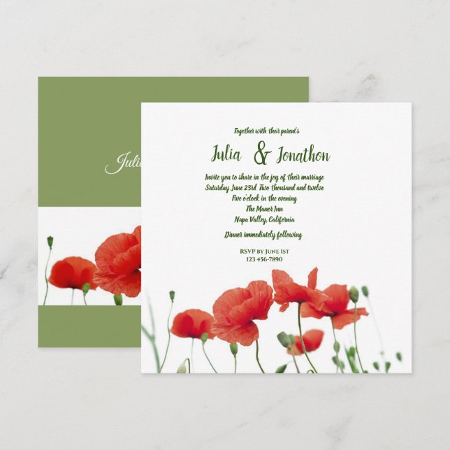 Convite Personalizado De Casamento De Poppies Verm (Frente/Verso)