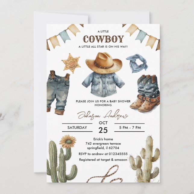 Convite Personalizado De Chá de fraldas De Cowboy (Frente)