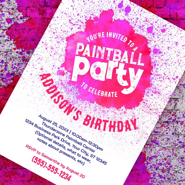 Convite Personalizado de Festa de aniversário de P (pink paint splatter customizable birthday invite against a paint splattered brick background)