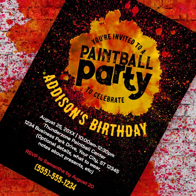 Convite Personalizado de Festa de aniversário de P (orange paint splatter customizable birthday invite against a paint splattered brick background. )