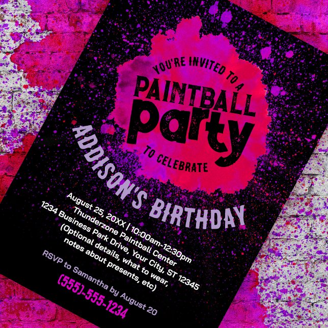 Convite Personalizado de Festa de aniversário de P (pink paint splatter customizable birthday invite against a paint splattered brick background)