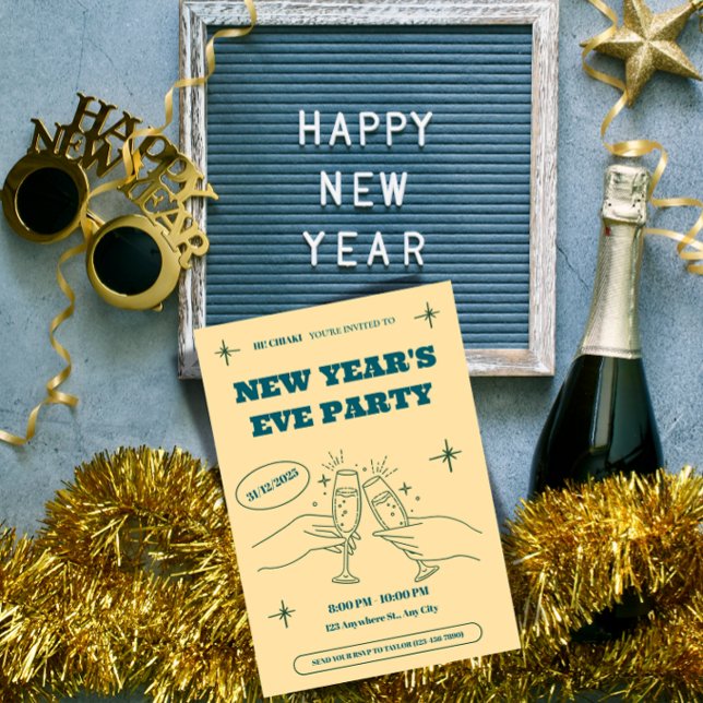 Convite Personalizado de Festa de Ano Novo ("Personalized NYE Invites. Make each guest feel special. Edit & download in minutes.")