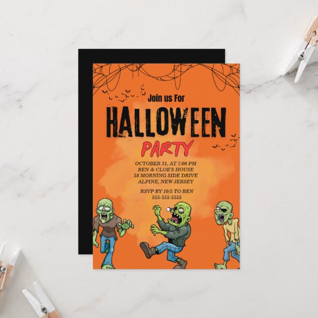 Convite personalizado de festa de Halloween laranj (Frente/Verso In Situ)