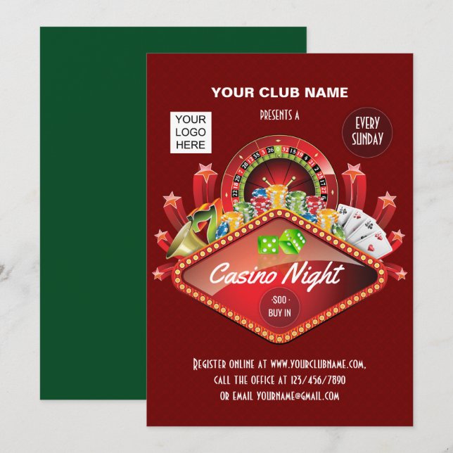Convite personalizado do Clube Casino Night Party (Frente/Verso)