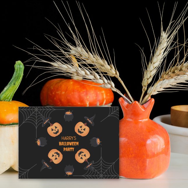 Convite Personalizado do Partido Halloween (Halloween Black & Orange Personalised Halloween Party Invitation.)