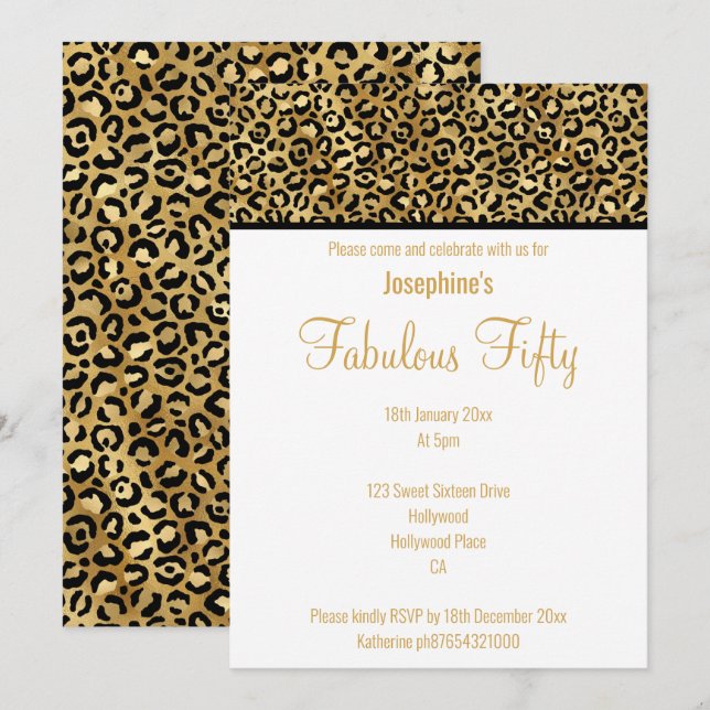 CONVITE PERSONALIZADO DOURADO LUXE LEOPARD (Frente/Verso)