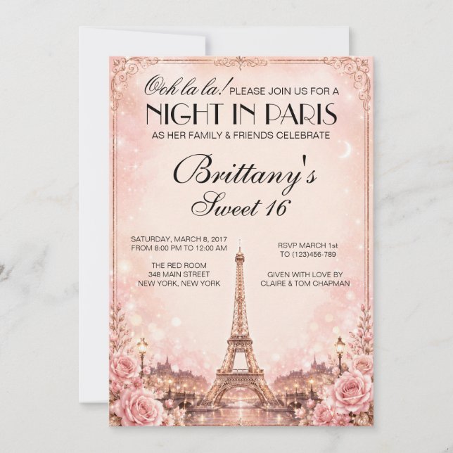 Convite Personalizado Noite em Paris Sweet 16 (Frente)