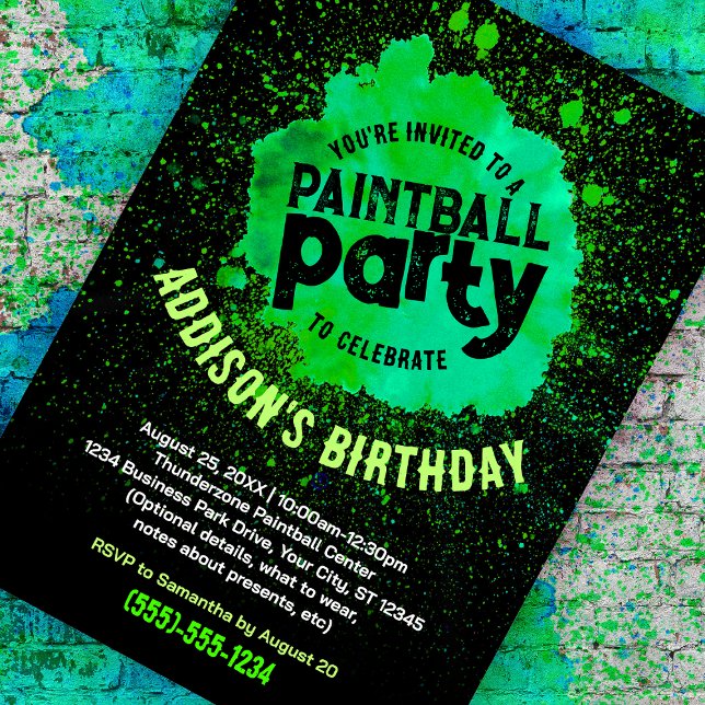 Convite Personalizado para Festa de aniversário Pa (green paint splatter customizable birthday invite against a paint splattered brick background)