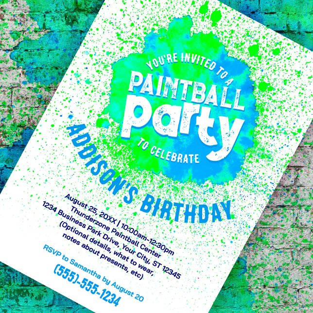 Convite Personalizado para Festa de aniversário Pa (green paint splatter customizable birthday invite against a paint splattered brick background)