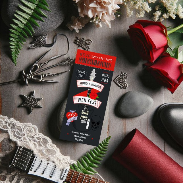 Convite personalizado para ingresso no Rock n' Rol (Rock n' Roll Wedding ticket custom Invitation)