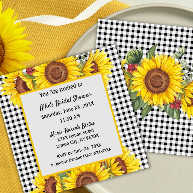 Convite Personalizado Xadrez e Desenho de Girassói (Bridal Shower invitation - Sunflowers and Gingham Rustic Country Style)