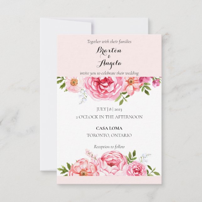 Convite personalizável de casamento rosa com flore (Frente)