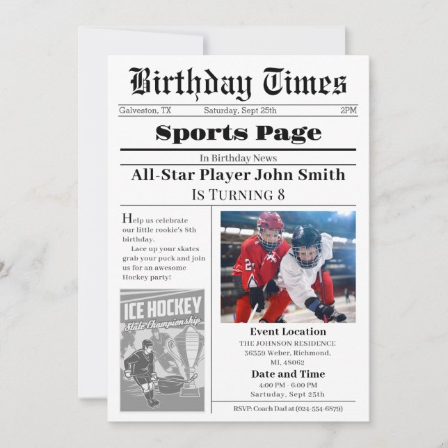 Convite Pessoal De Aniversário De Hóquei No Gelo C (Frente)