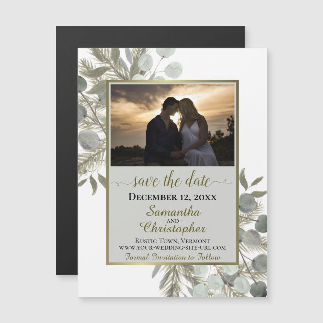 Convite Pine Eucalyptus Wedding Save the Date Photo Cinza (Frente/Verso)