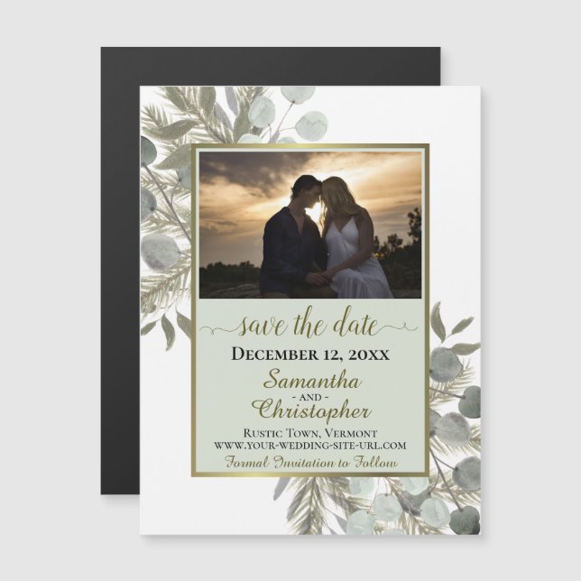 Convite Pine Eucalyptus Wedding Save the Date Photo Sage (Frente/Verso)