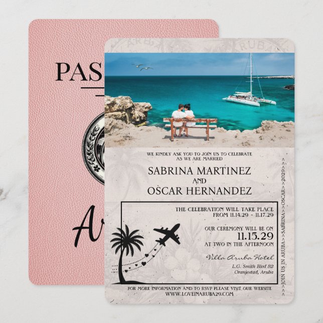 Convite Pink Aruba Passaporte para Casamento (Frente/Verso)