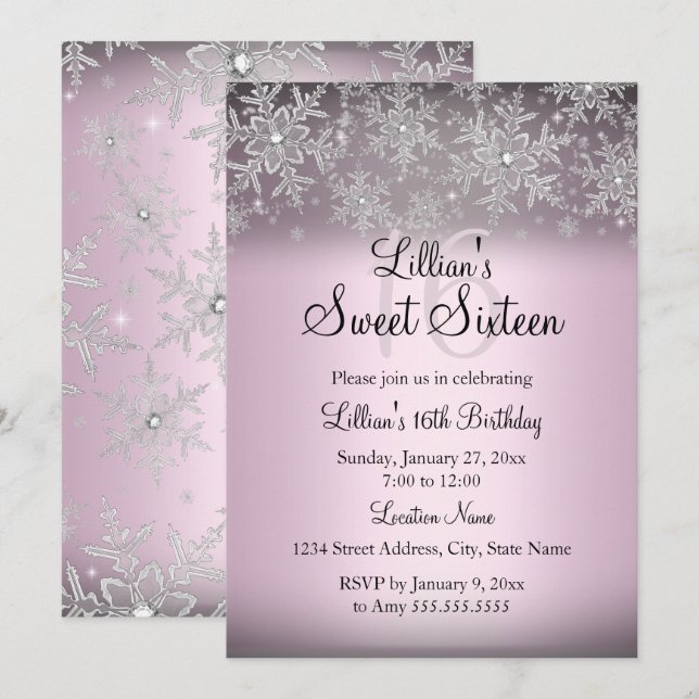 Convite Pink Sparkle Snowflake Sweet 16 (Frente/Verso)